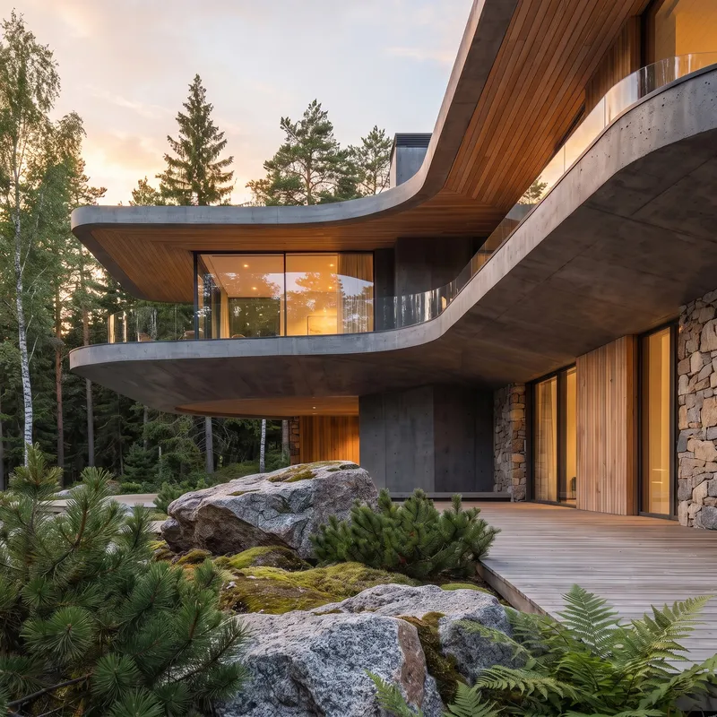 Render of a curved concrete and timber villa in a pine forest at dusk